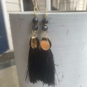 Black tassel earrings with labradorite.